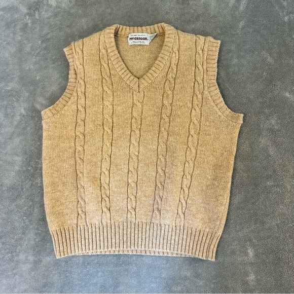 Vintage McGregor Men’s Wool Blend Cable Knit Sleeveless Vest Tan L Made In USA - Picture 1 of 7